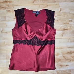 Bisou Bisou Michele Bohbot Y2K Vtg Satin Red V Neck Tank Black Lace Womens Sz 12